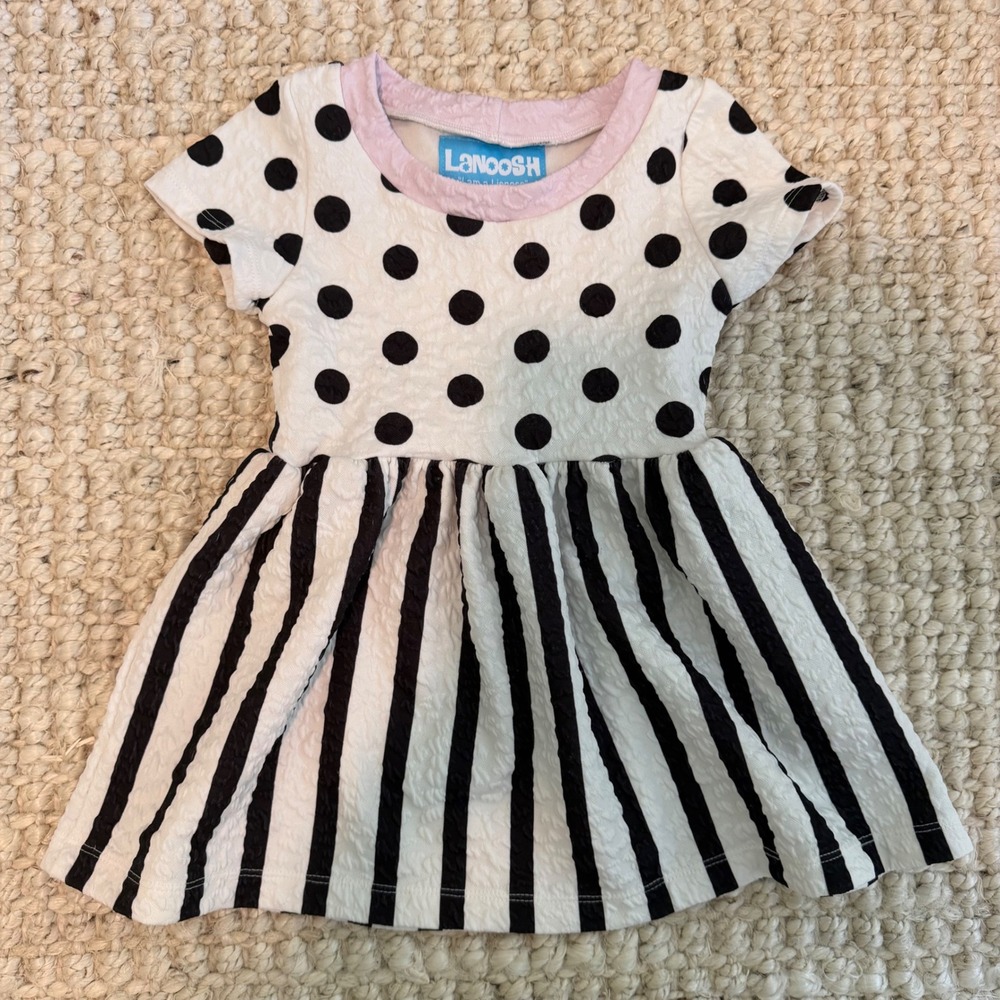 Lanoosh Kids Girls XXS 2-3 Black White Polka Dot Striped Textured Dress